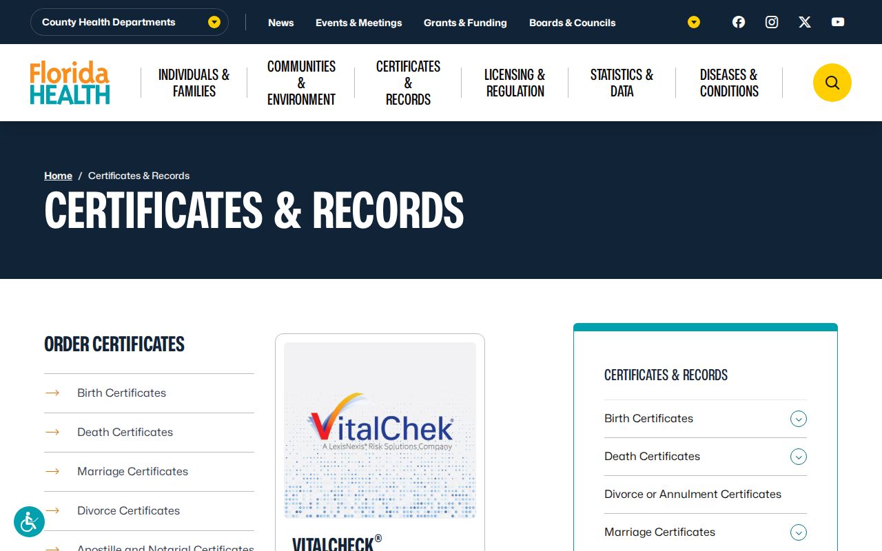 Florida Vital Statistics certificate access for Collier family history