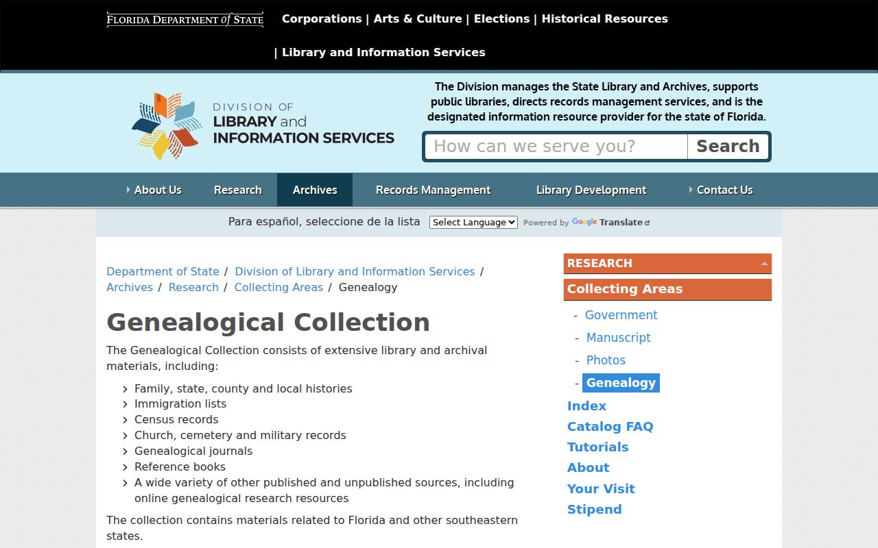 Florida State Archives genealogy holdings for extending Collier directory research