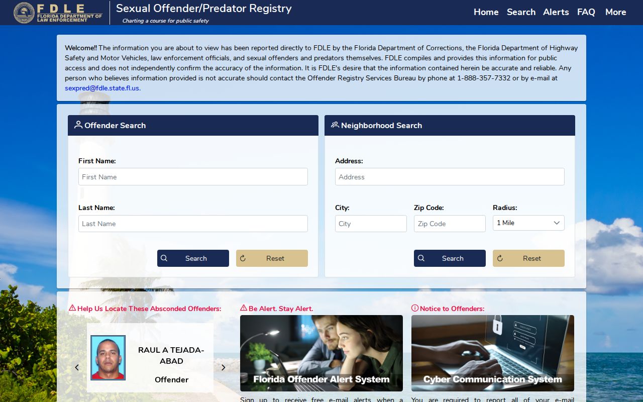 Florida FDLE offender registry name and address search for a Collier County resident lookup