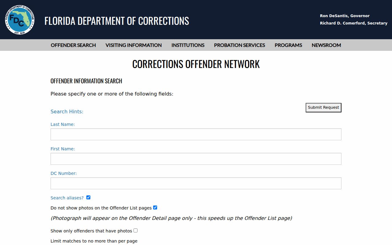 Florida Department of Corrections official offender search screen